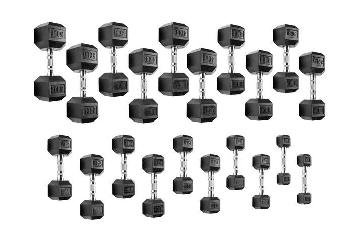 5-50 lbs Rubber Hex Dumbbell Set with 3 Tier Rack - 306 Fitness Repair & Sales